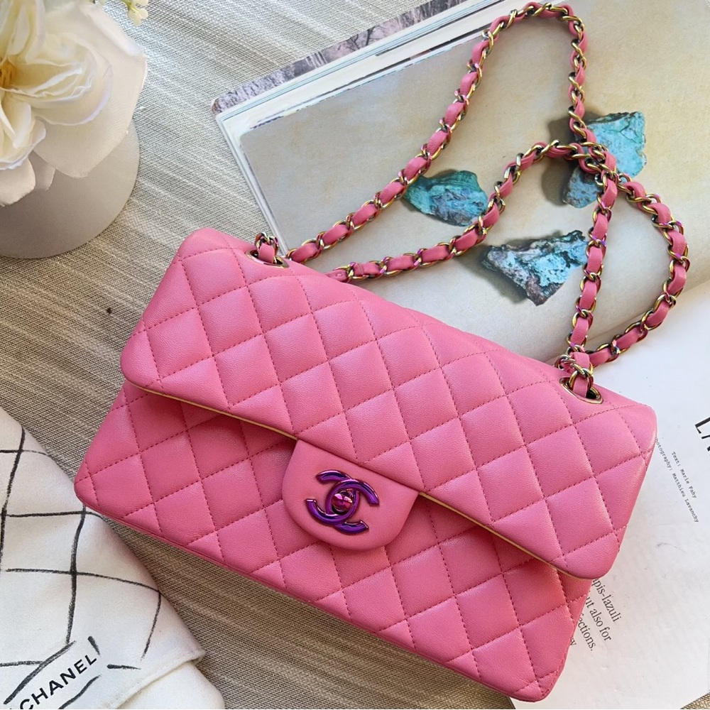 Chanel Pink Quilted Lambskin Small Classic Double Flap Bag Rainbow Hardware